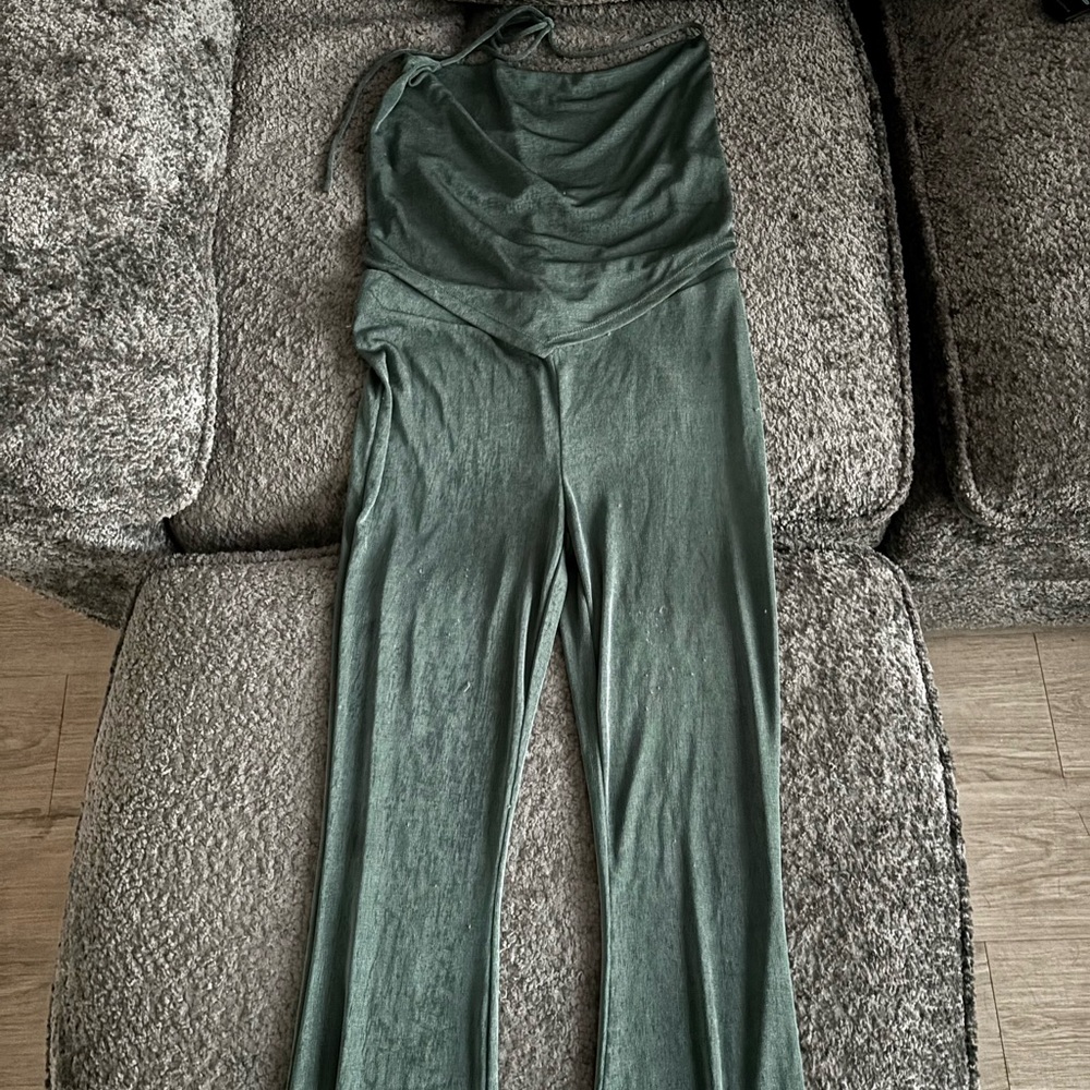 Fashion Nova Green Strapless Pantsuit with Flared Legs